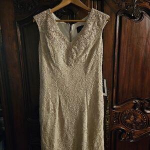 A beautiful lace mid length cream colors dress.